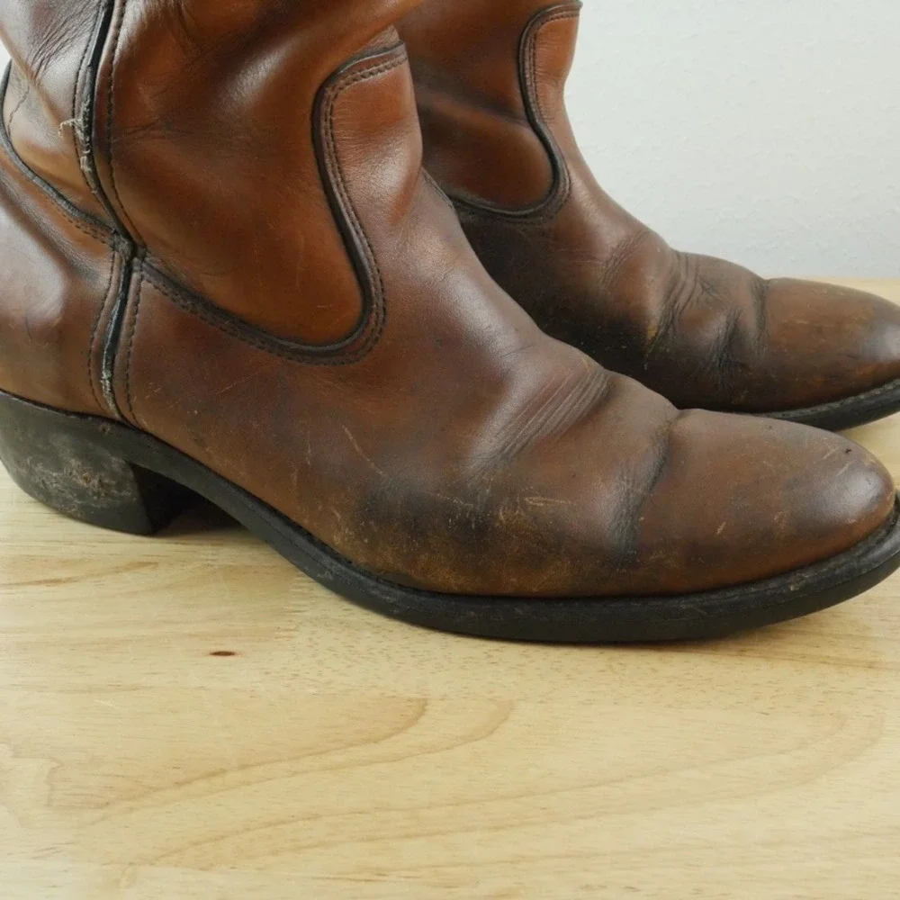 Chippewa Vintage Brown Leather Work Boots Mens 10 B USA Western Roper Pull On